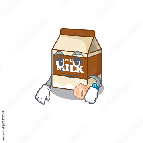 cartoon character design of hazelnut milk on a waiting gesture