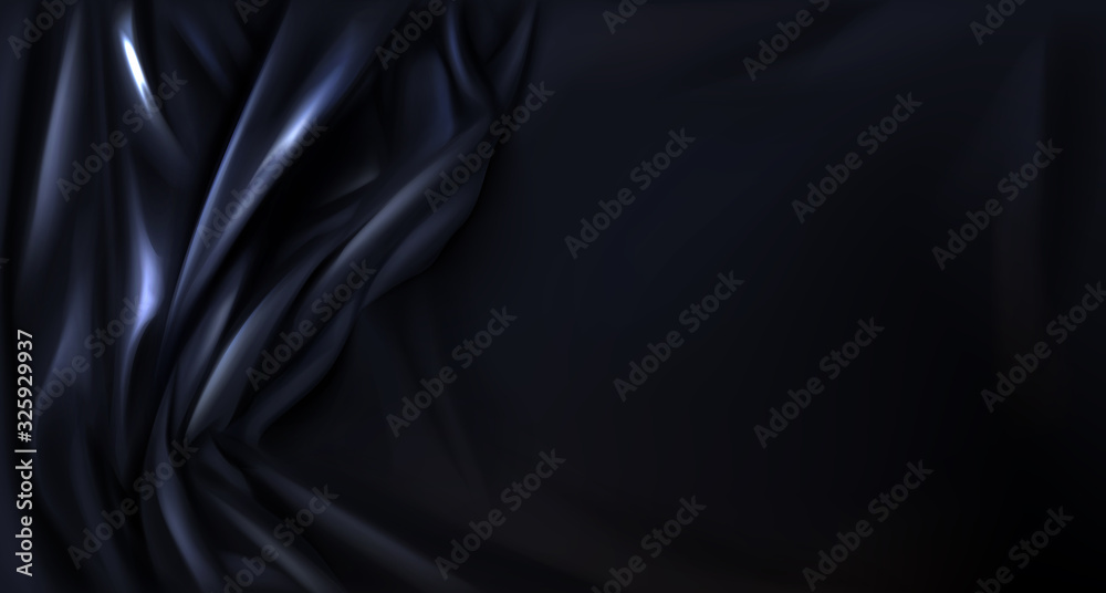 Black silk or latex folded cloth background, luxurious fabric textile  decoration for poster, banner or cover design. Dark shiny drapery material  with soft satin waves 3d vector realistic backdrop Stock Vector |