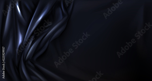 Black silk or latex folded cloth background, luxurious fabric textile decoration for poster, banner or cover design. Dark shiny drapery material with soft satin waves 3d vector realistic backdrop photo