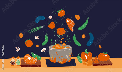 Making soup vector concept. Pot with bulbing delicious food on a fire and all ingredients around it - vegetables, meat, seasonings and Flavoring. Professional and Home cooking concept