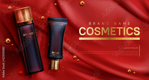 Cosmetics bottles mockup banner. Beauty body care product on red silk draped fabric background with scattered golden pearls. Luxury promo poster template for magazine, realistic 3d vector illustration