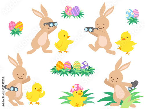 イースターエッグを探すウサギとヒヨコのイラストセット