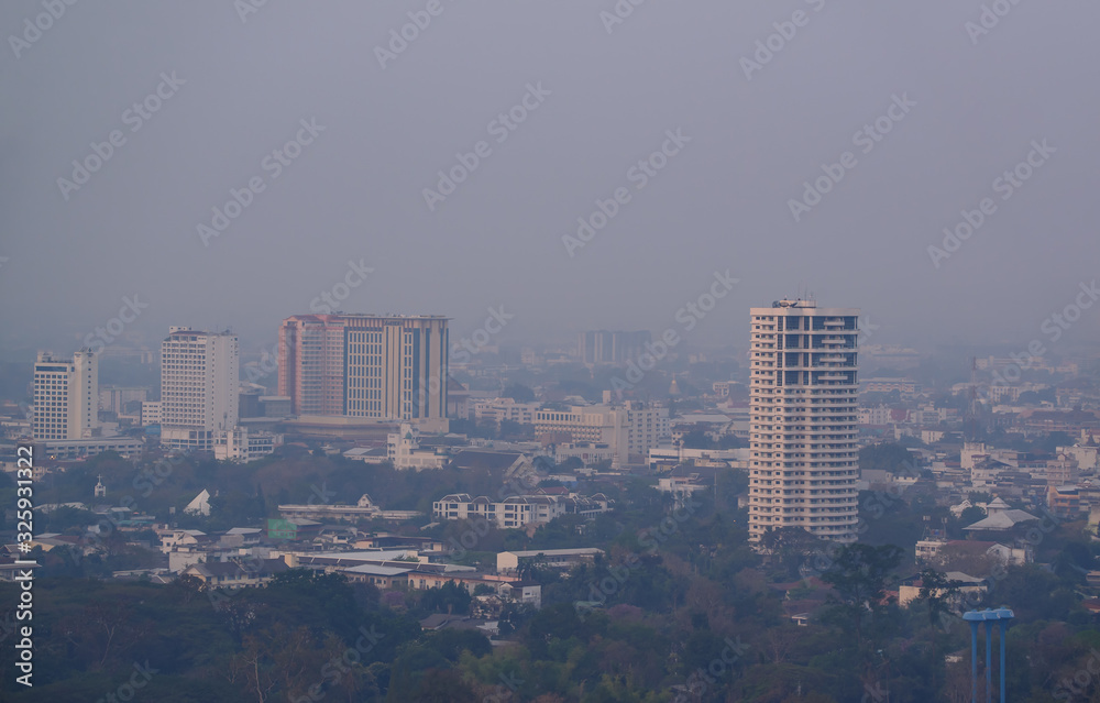 CHIANG MAI, THAILAND - FEBRUARY 25, 2020 : Cityscape view of Chiang Mai City, Thailand (Air pollution PM 2.5), Air pollution remains at hazardous levels PM 2.5 pollutants -