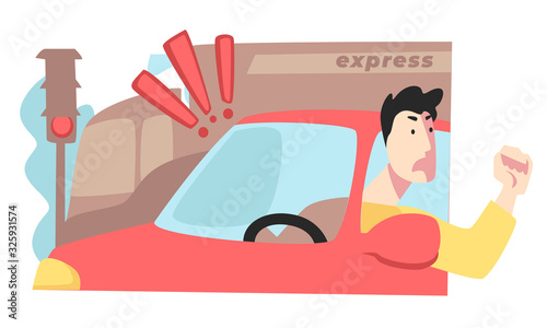 Stressed driver in traffic jam, male character in car