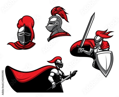 Medieval knights with swords, vector heraldic icons. Roman warrior or guard with blade in armour with red cape. Heraldry symbols of royal knight in helmet with red plumage