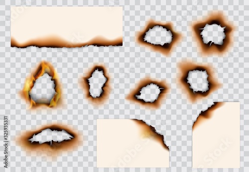 Burnt paper hole, page edges and corners. 3d vector with realistic fire flames, ashes and brown burns. Destroyed paper or parchment with cracked and dirty borders on transparent background