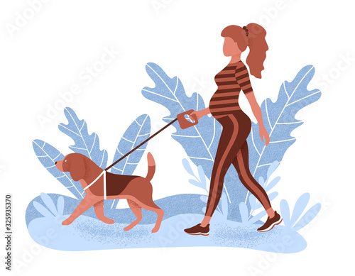 Young pregnant woman walking with her dog in the park. Flat vector illustration.
