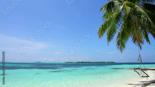 Incredible steady paradise shot of tropical palm tree in windy white sand luxury beach in turquoise blue ocean seascape