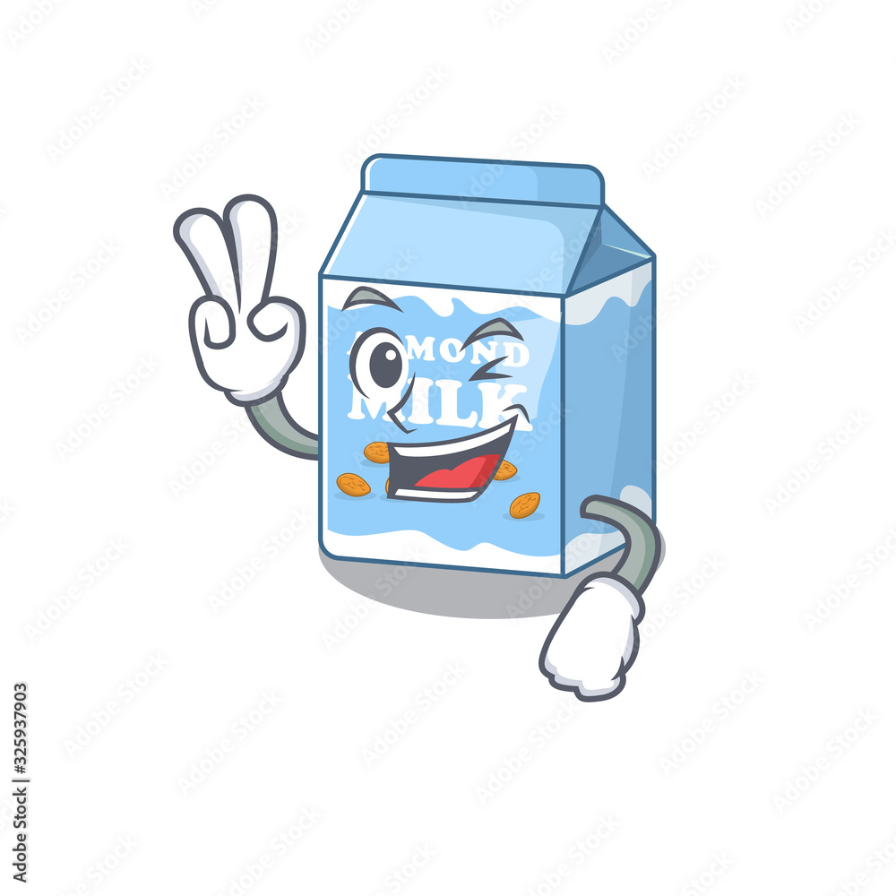 mascot of funny almond milk cartoon Character with two fingers mascot of funny almond milk cartoon Character with two fingers