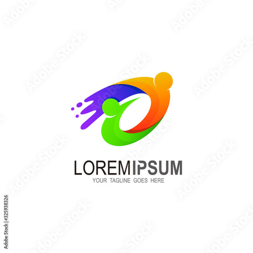 People logo with letter o and swoosh design template, colorful icon