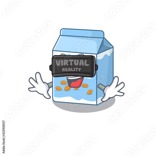 A Picture of almond milk character wearing Virtual reality headset