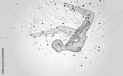 vector 3d girl from dots and splines, among wavy threads and circles