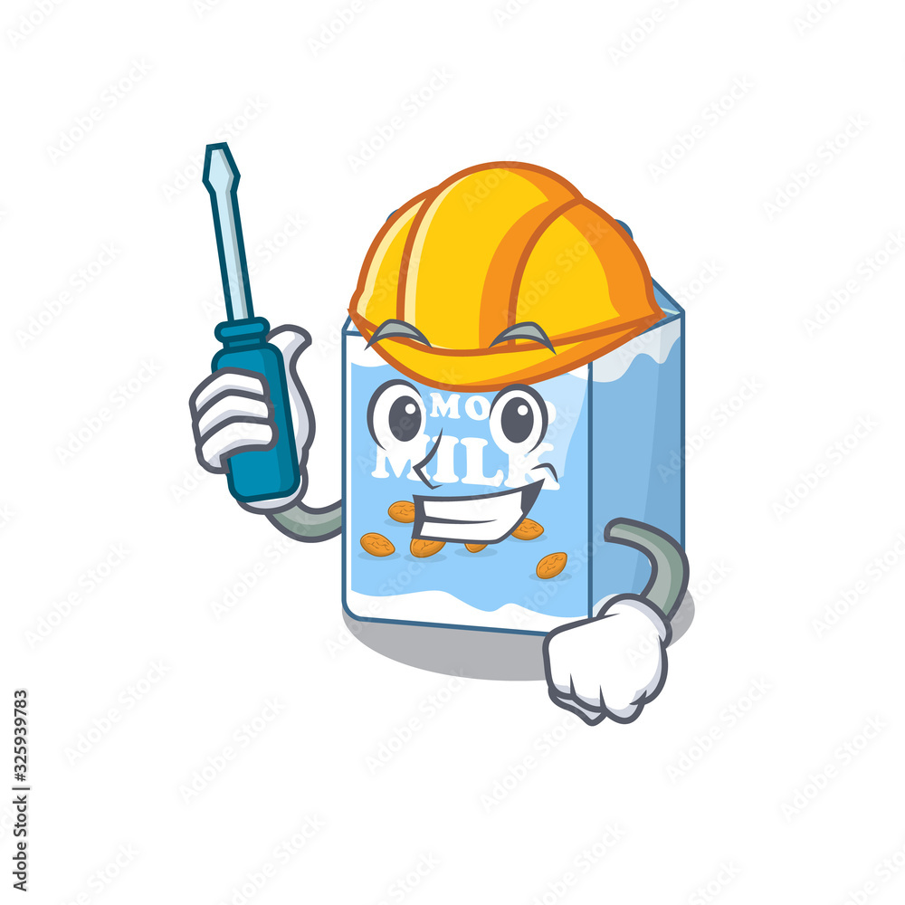 cartoon character style almond milk working as an automotive cartoon character style almond milk working as an automotive