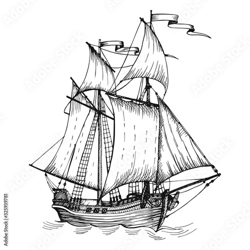 Old caravel, vintage sailboat. Hand drawn vector sketch.