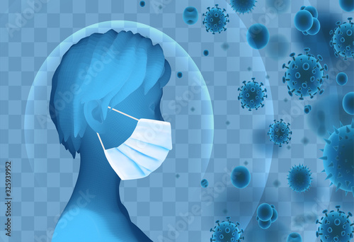 3D female portrait in a medical mask against the background of bacteria, viruses, spores and dust.
