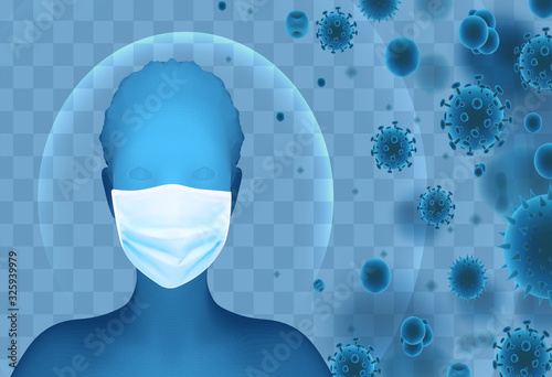 3D female portrait in a medical mask against the background of bacteria, viruses, spores and dust.
