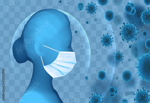 3D female portrait in a medical mask against the background of bacteria, viruses, spores and dust.