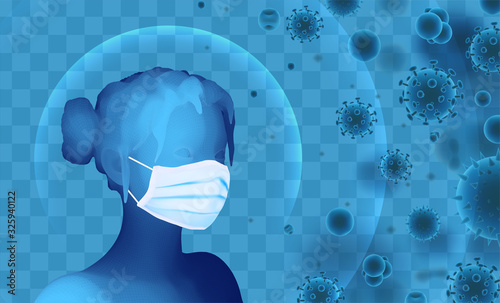 3D female portrait in a medical mask against the background of bacteria, viruses, spores and dust.