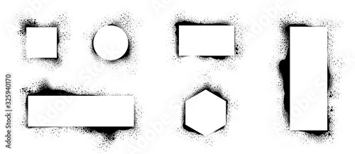 Spray Paint Vector Elements isolated on White Background. Set of  frame and black round ink stains, Lines and Drips Black ink splatters, Ink blots set, Street style.