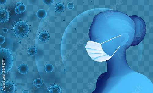 3D female portrait in a medical mask against the background of bacteria, viruses, spores and dust.