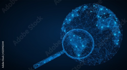 Research the planet, search for mineral deposits, market analysis in the country or on the continent. Low-poly model of the planet earth with a magnifying glass. Concept of triangular lines and points