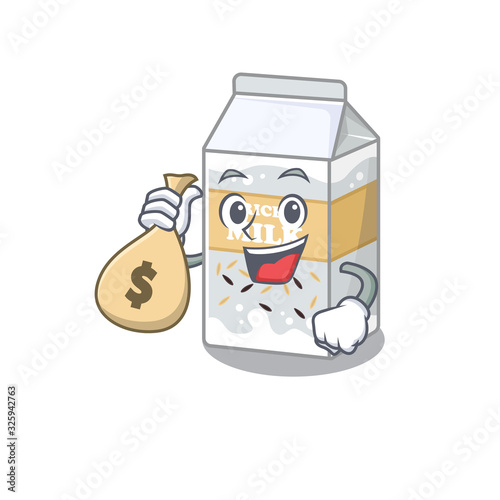 Rich and famous rice milk cartoon character holding money bag