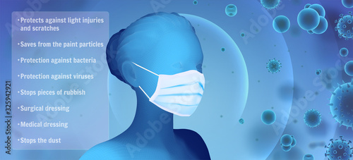 3D female portrait in a medical mask against the background of bacteria, viruses, spores and dust.