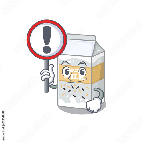 cute mascot character style of rice milk raised up a sign