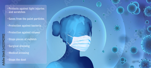 3D female portrait in a medical mask against the background of bacteria, viruses, spores and dust.