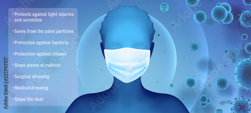 3D female portrait in a medical mask against the background of bacteria, viruses, spores and dust.
