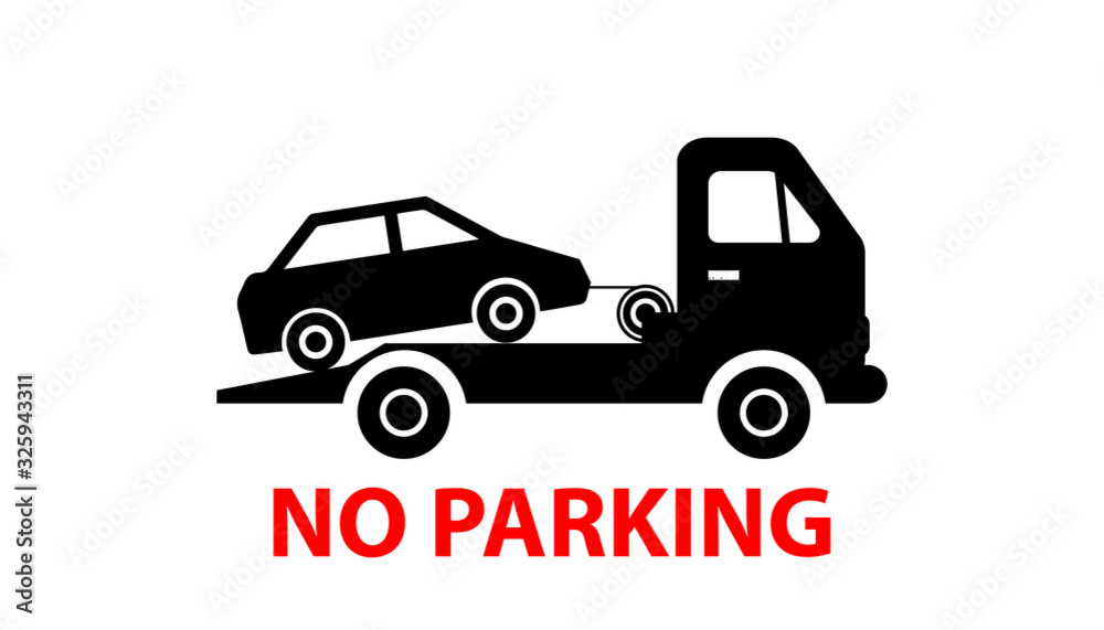 Evacuator tow away car on road with traffic signs. No parking warning sign.Vector illustration. Evacuator tow away car on road with traffic signs. No parking warning sign.Vector illustration.