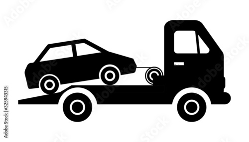 Evacuator tow away car on road with traffic signs. No parking warning sign.Vector illustration.