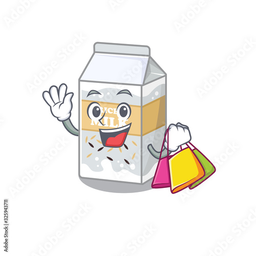 A friendly rich rice milk waving and holding Shopping bag