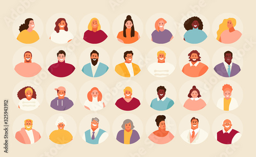 Set of Modern people avatars of different ages and nationalities. Men and women, old people and children vector illustration