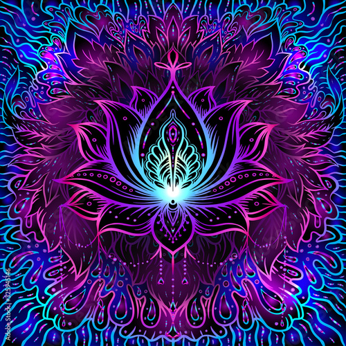 Seamless pattern with ornate Lotus flower. Ayurveda symbol of harmony and balance and universe. Boho print, poster, t-shirt textile. Vector illustration in neon, fluorescent colors