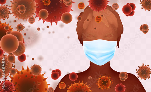 3D female portrait in a medical mask against the background of bacteria, viruses, spores and dust.
