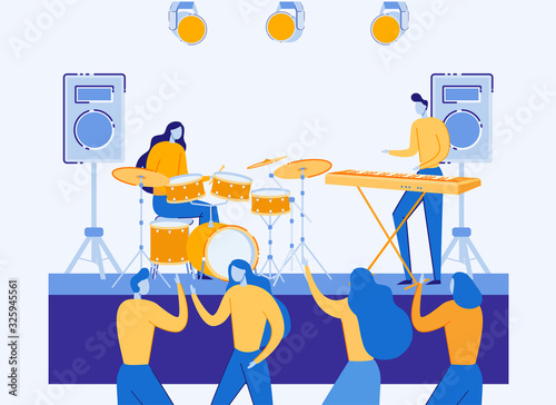 Open Air Festival with People and Musicians. Rock Pop Band Group Playing Music with Instruments Drums and Synthesizer Sing on Concert Stage. Live Sound Party Holiday Cartoon Flat Vector Illustration