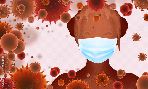 3D female portrait in a medical mask against the background of bacteria, viruses, spores and dust.