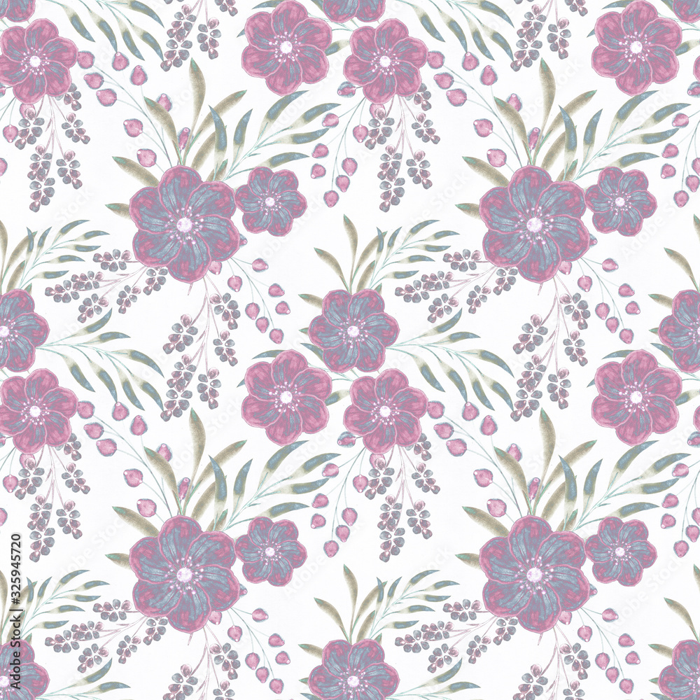 Seamless floral retro pattern. Blue, pink flowers on a white background.
