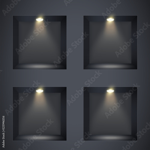 Wall with niches and spotlights. Concept of gallery. Recess in a dark wall in square shaped with point light. Black color. Editable Background Vector illustration.