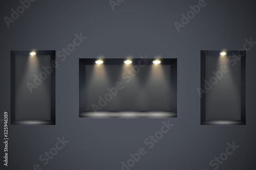 Wall with niches and spotlights. Concept of gallery. Recess in a dark wall in rectangle shaped with point light. Black color. Editable Background Vector illustration.