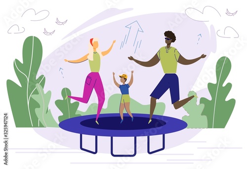 International Family Jumping on Trampoline Outdoor on Fresh Air Flat Cartoon Vector Illustration. Afro American Father, Mother and Son Having Happy Leisure. Active Lifestyle. Sporty People.