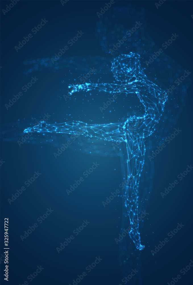 Fototapeta premium Kobieca sylwetka świetlistych linii i kropek tańczących na abstrakcyjnym ciemnoniebieskim tle. układ wektorowy