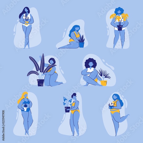 Woman Power Flat Cartoon Vector illustration. Plus Size Girl Holding Pot with Plant. Happy Body Positive Concept. Love Body. Attractive Overweight Woman. For Fat Acceptance Movement.