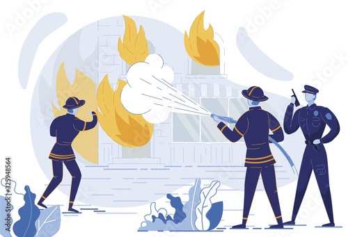 Firefighters at Work Flat Vector Illustration. Rescue Team in Protective Uniform Extinguishing Fire. Firemen Pouring Water on Burning Building. Police Officer Reporting Emergency Situation, Arson