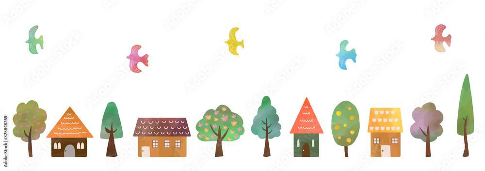 Set of trees, houses and birds, watercolor texture