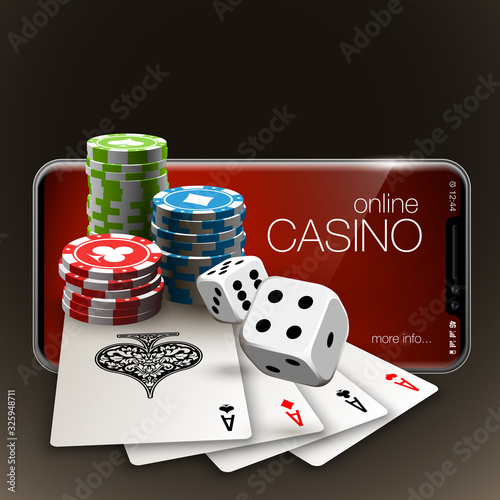 Vector illustration Online Poker casino banner with a mobile phone, chips, playing cards and dice. Marketing Luxury Banner Jackpot Online Casino with New model Smartphone. Empty advertising poster.