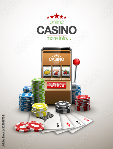 big win illustration Online Jackpot casino Slot machine banner in mobile phone. Chips, playing card, dice. Marketing Luxury Banner Jackpot Online Casino game Slot-machine in Smartphone play now poster