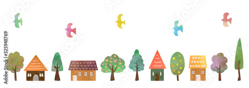 Set of trees, houses and birds, watercolor texture