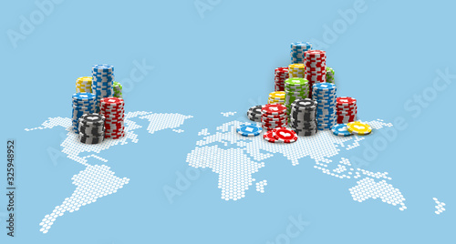 illustration a large pile of colored casino chips on a world map. Realistic Big win jackpot poker in Online web casino on a world map perspective
